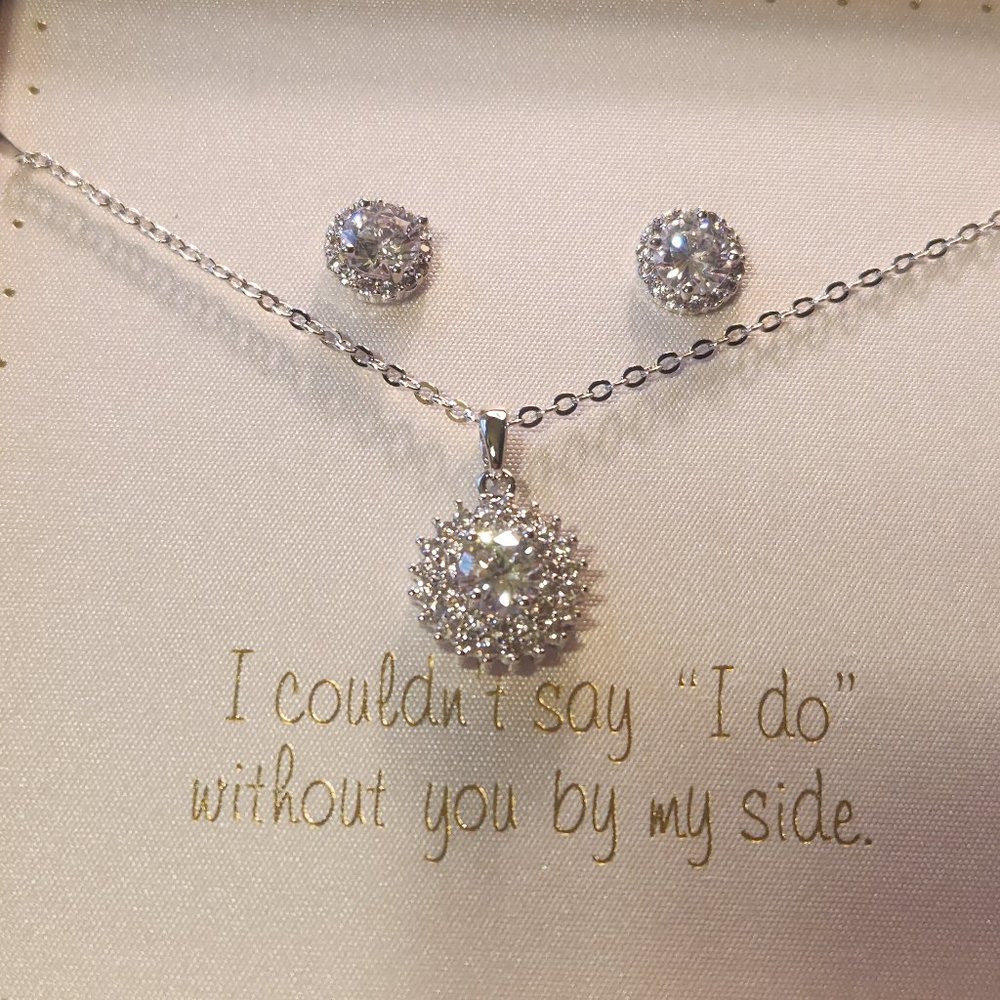 Bridal, halo cubic zirconia necklace and earring set, Rhodium plated.